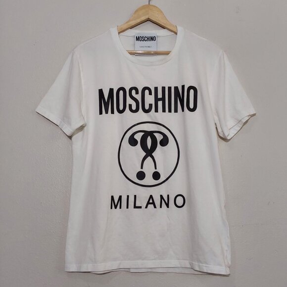 Moschino Double Question Mark Unisex White T-Shirt - Women Large, Men Medium - Picture 2 of 7